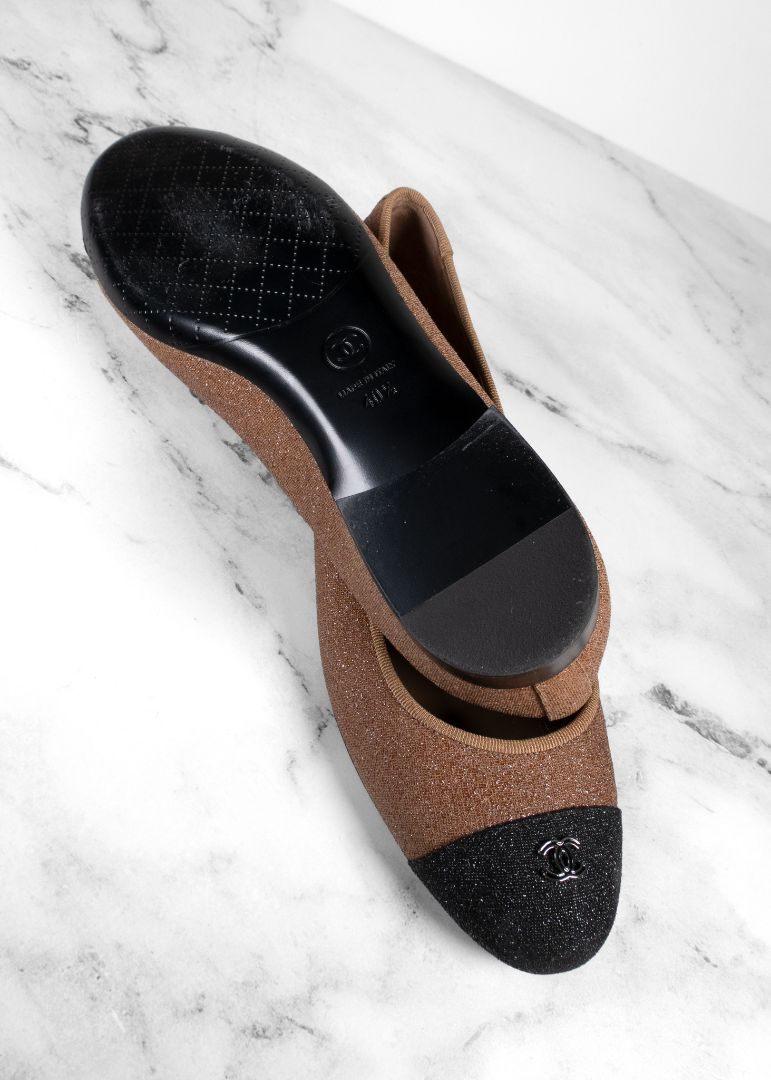 Chanel Bronze Glitter Finish Ballet Flats With Black Cap Toe And Gold CC