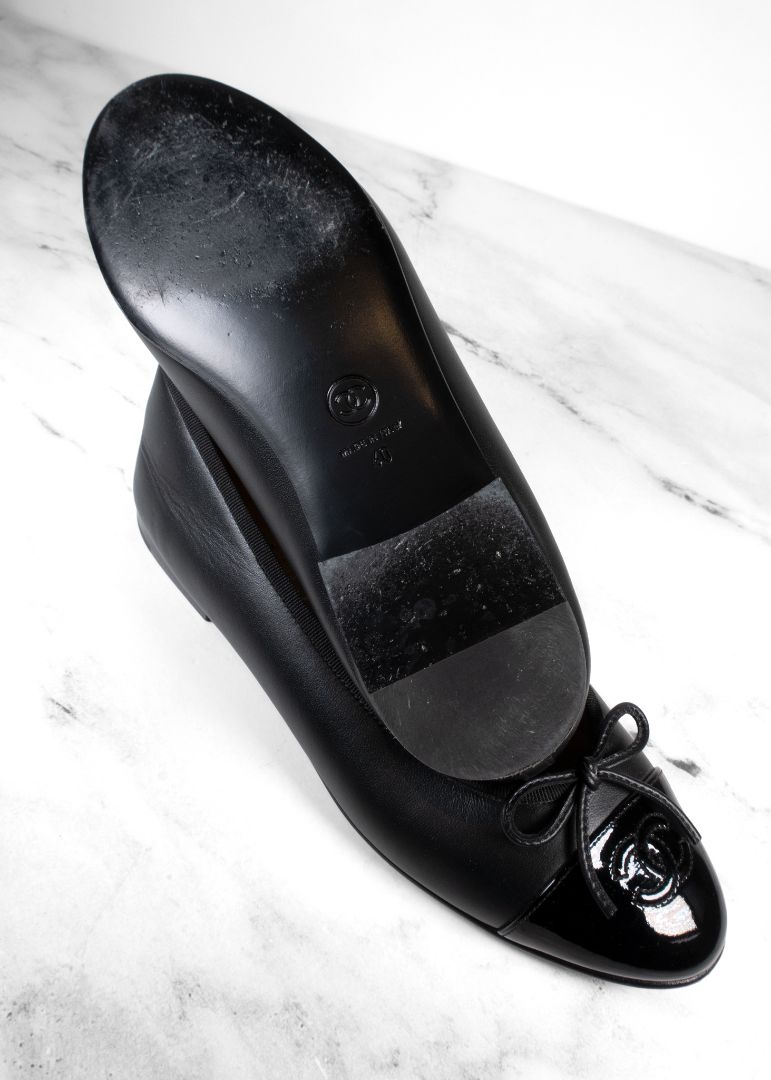 Chanel Black Patent Leather Cap Toe Ballet Flats