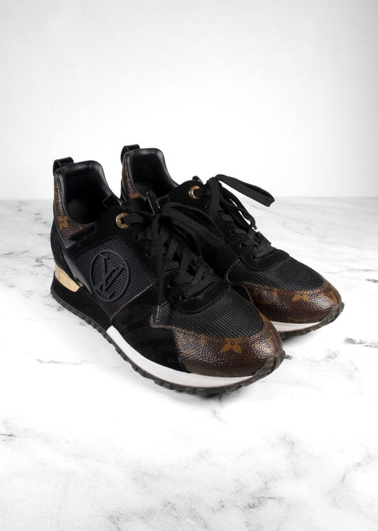 Louis Vuitton Run Away Black Suede Sneakers With Brown Leather Monogram