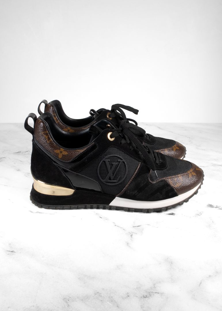 Louis Vuitton Run Away Black Suede Sneakers With Brown Leather Monogram