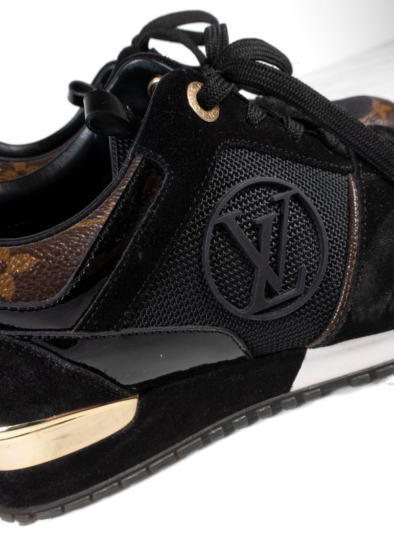 Louis Vuitton Run Away Black Suede Sneakers With Brown Leather Monogram