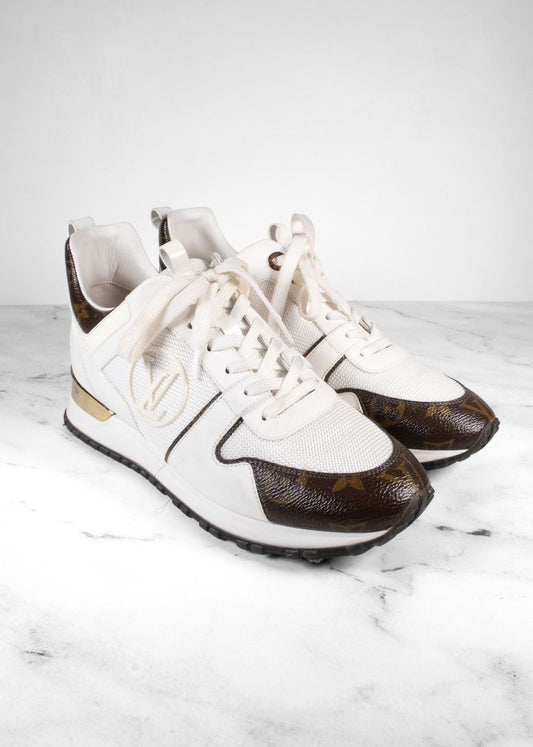 Louis Vuitton White Run Away Sneakers With Brown Leather Monogram