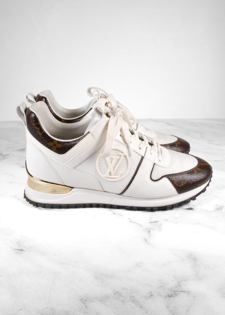 Louis Vuitton White Run Away Sneakers With Brown Leather Monogram