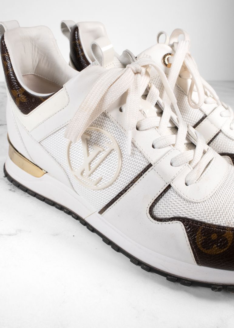 Louis Vuitton White Run Away Sneakers With Brown Leather Monogram