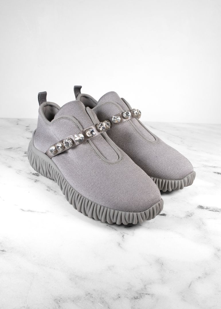 Miu Miu Grey Stretch Knit Crystal Embellished Slip On Sneakers