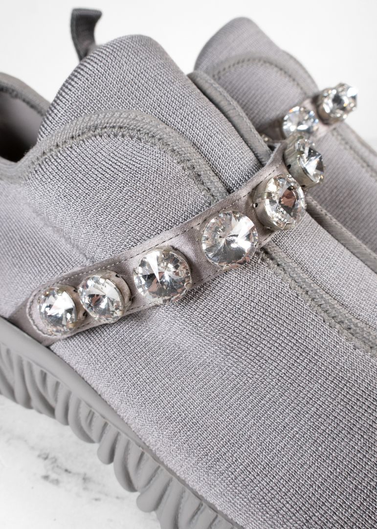 Miu Miu Grey Stretch Knit Crystal Embellished Slip On Sneakers