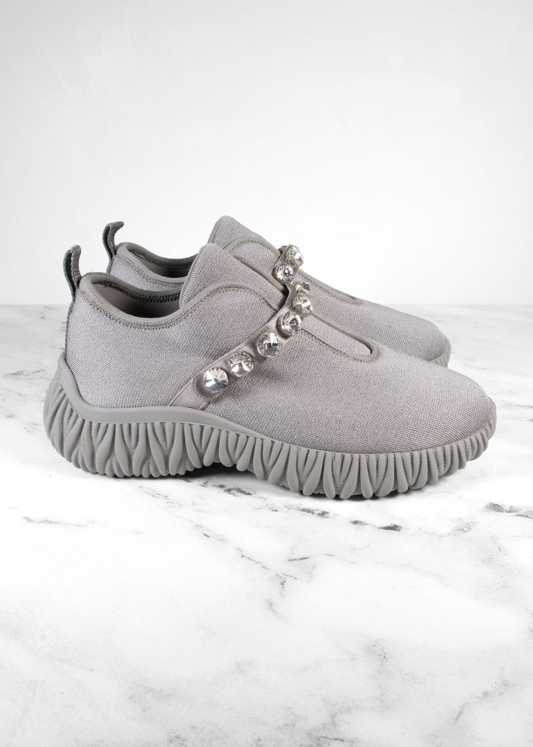 Miu Miu Grey Stretch Knit Crystal Embellished Slip On Sneakers