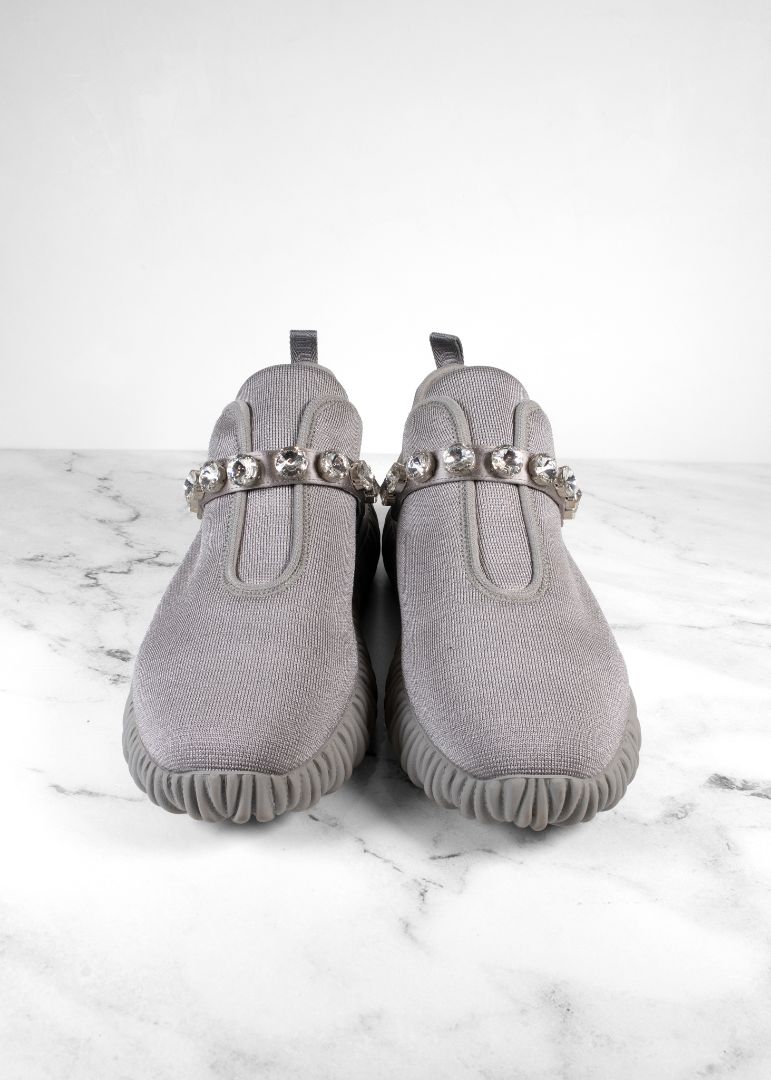 Miu Miu Grey Stretch Knit Crystal Embellished Slip On Sneakers