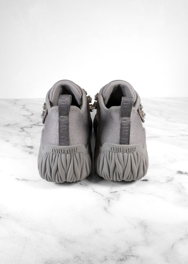 Miu Miu Grey Stretch Knit Crystal Embellished Slip On Sneakers