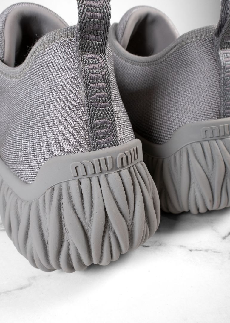 Miu Miu Grey Stretch Knit Crystal Embellished Slip On Sneakers