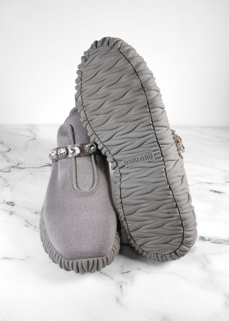 Miu Miu Grey Stretch Knit Crystal Embellished Slip On Sneakers