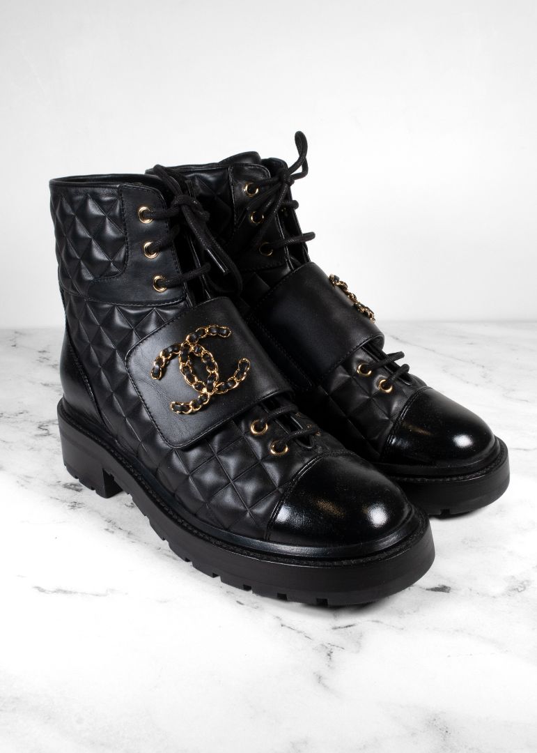 Chanel Black Quilted Leather Lace Up Combat Boots