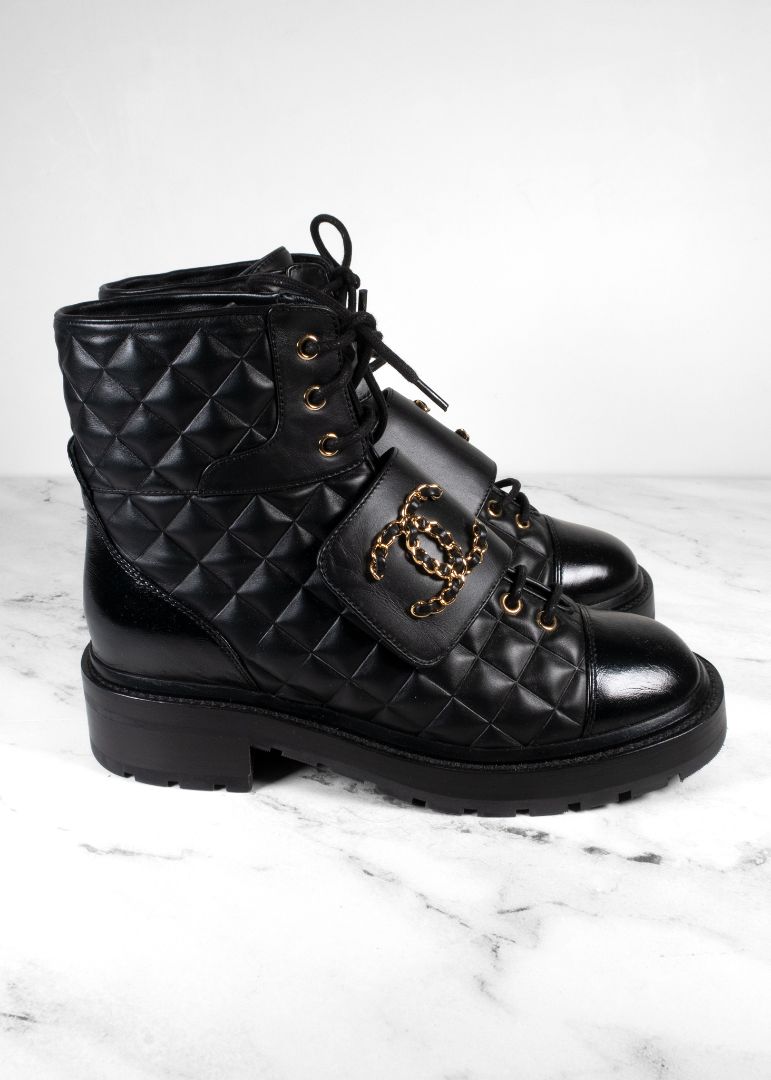 Chanel Black Quilted Leather Lace Up Combat Boots