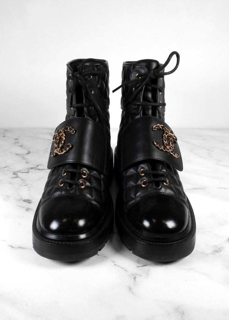 Chanel Black Quilted Leather Lace Up Combat Boots