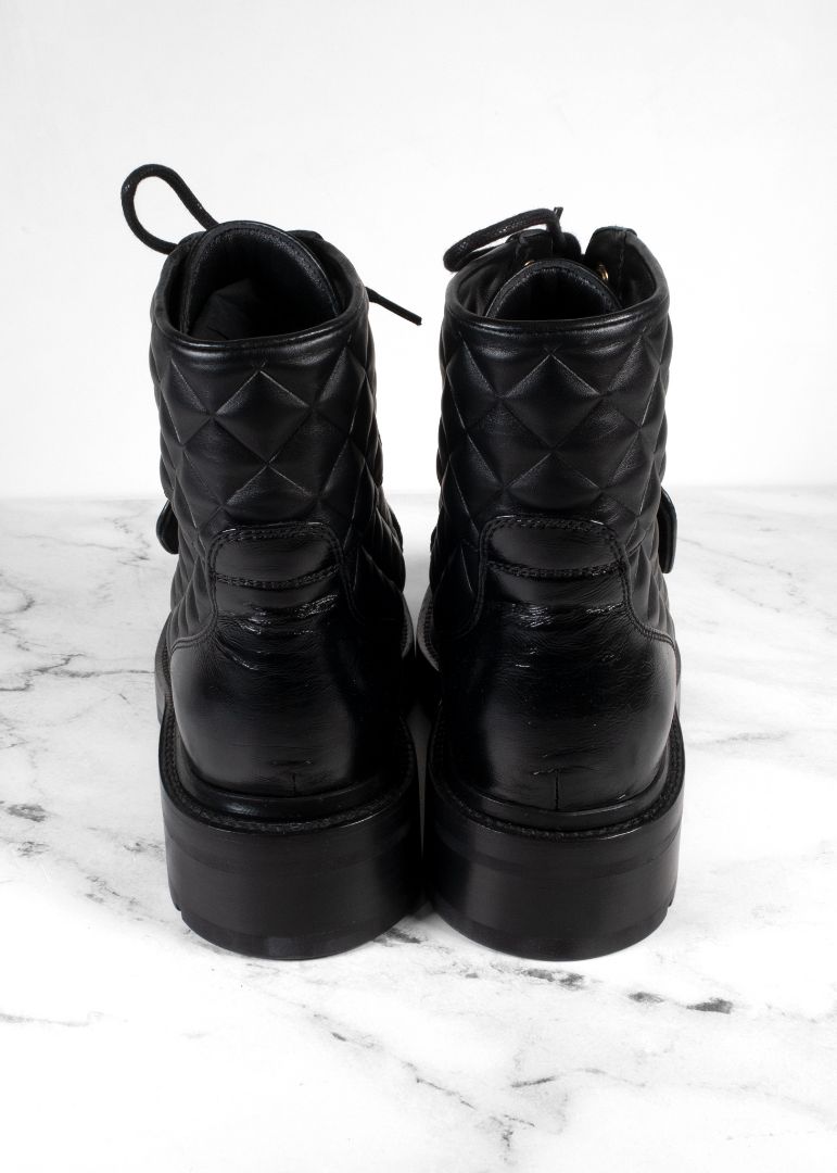 Chanel Black Quilted Leather Lace Up Combat Boots