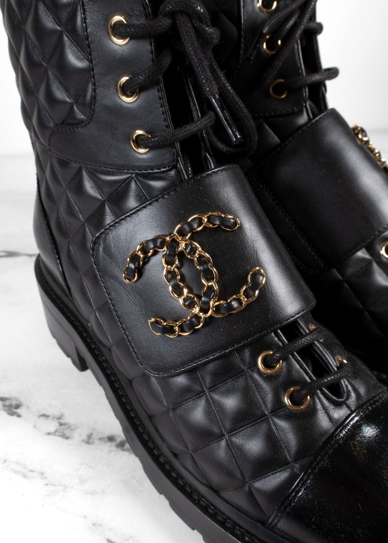 Chanel Black Quilted Leather Lace Up Combat Boots
