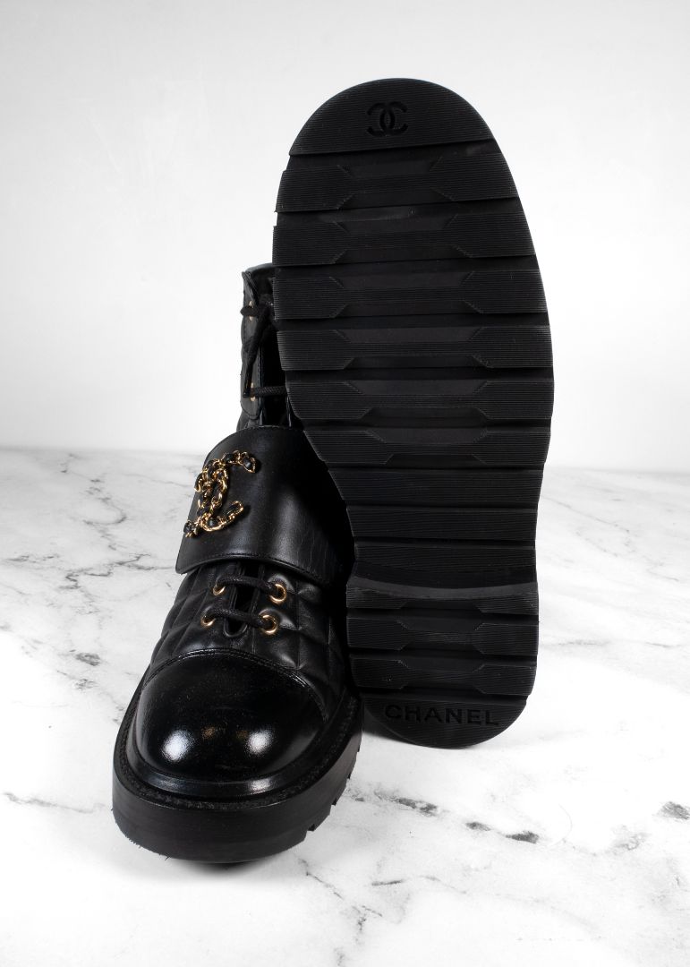Chanel Black Quilted Leather Lace Up Combat Boots