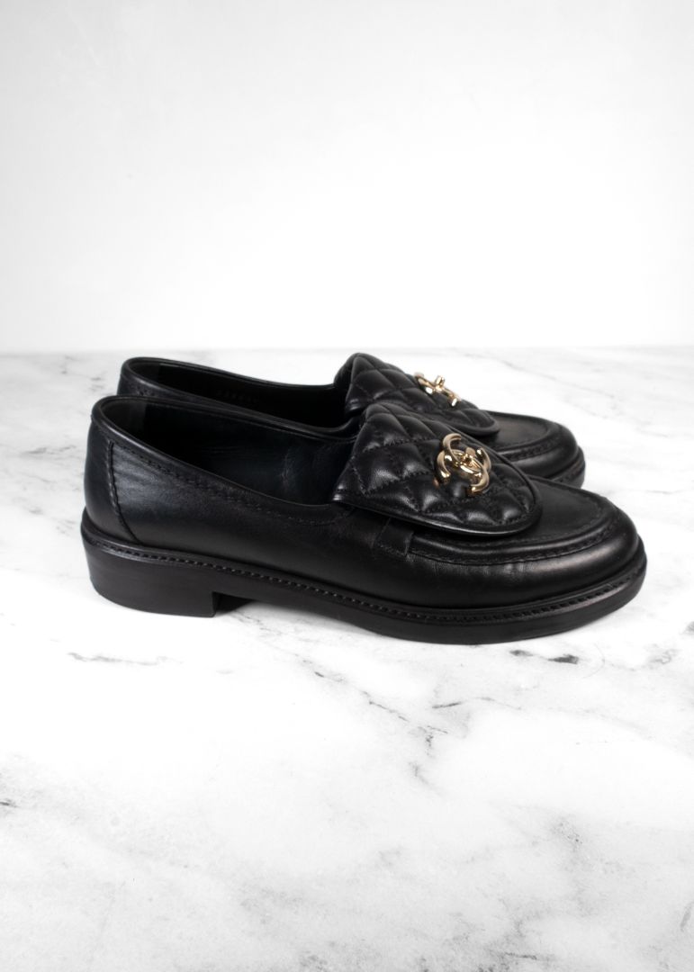 Chanel Black Lambskin Quilted Turnlock Loafers