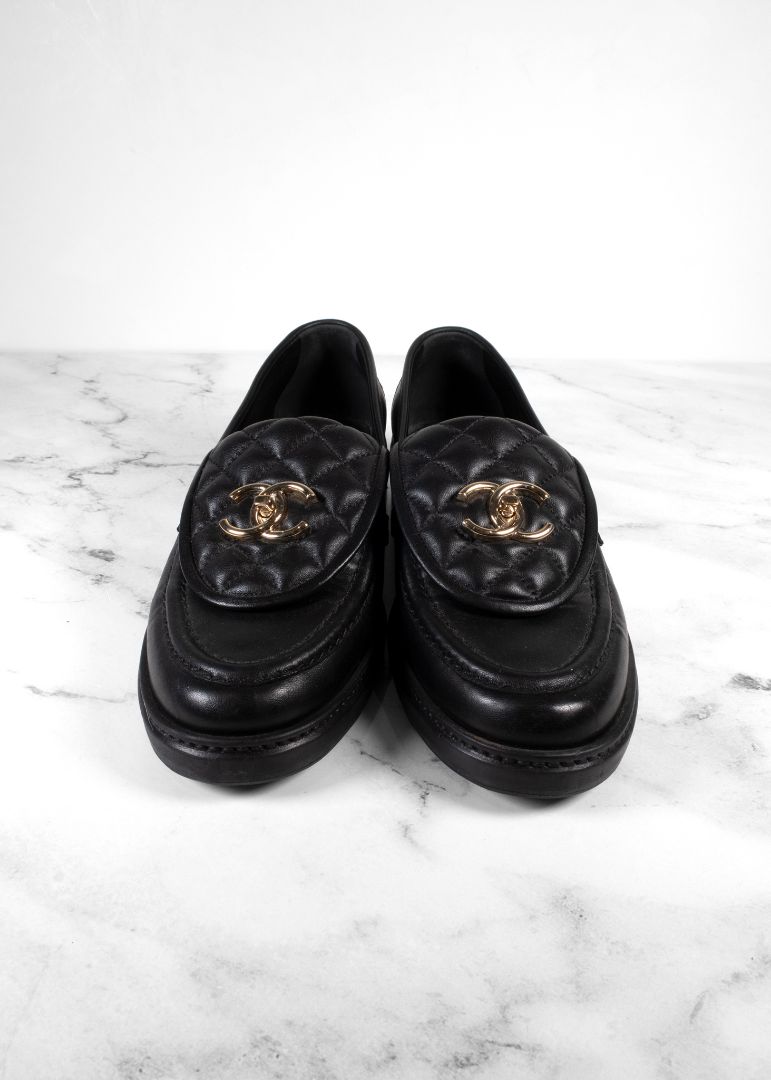 Chanel Black Lambskin Quilted Turnlock Loafers