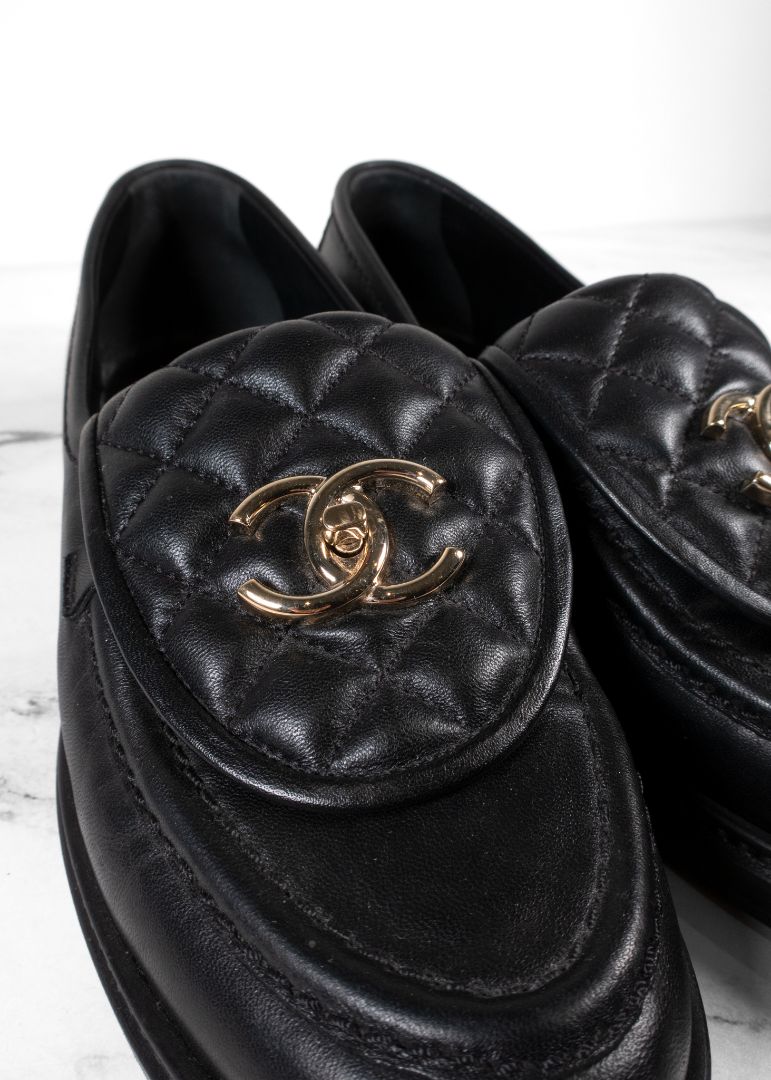 Chanel Black Lambskin Quilted Turnlock Loafers