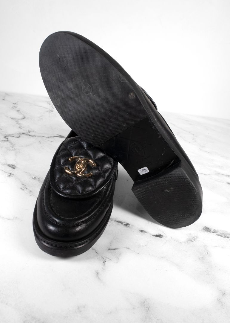 Chanel Black Lambskin Quilted Turnlock Loafers