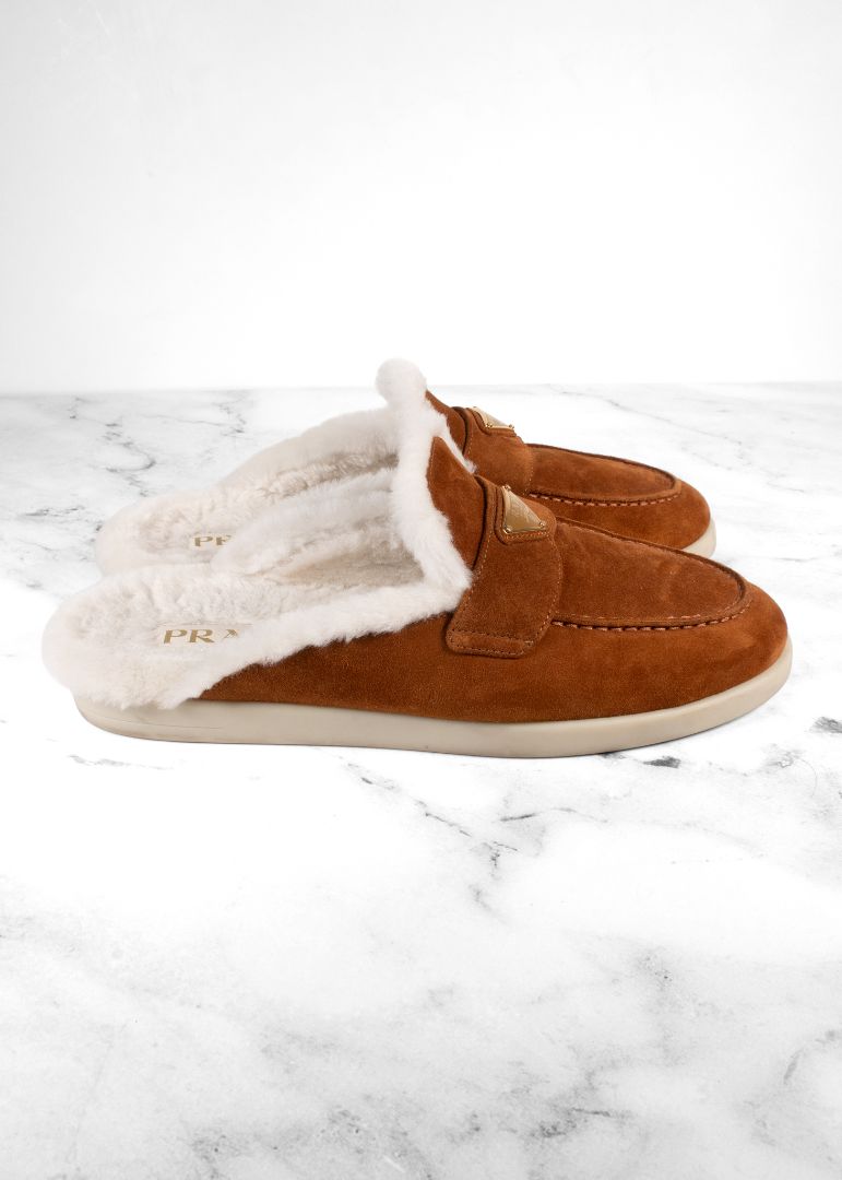 Prada Brown Suede Shearling Mules With Gold Hardware