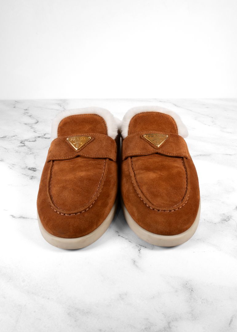 Prada Brown Suede Shearling Mules With Gold Hardware