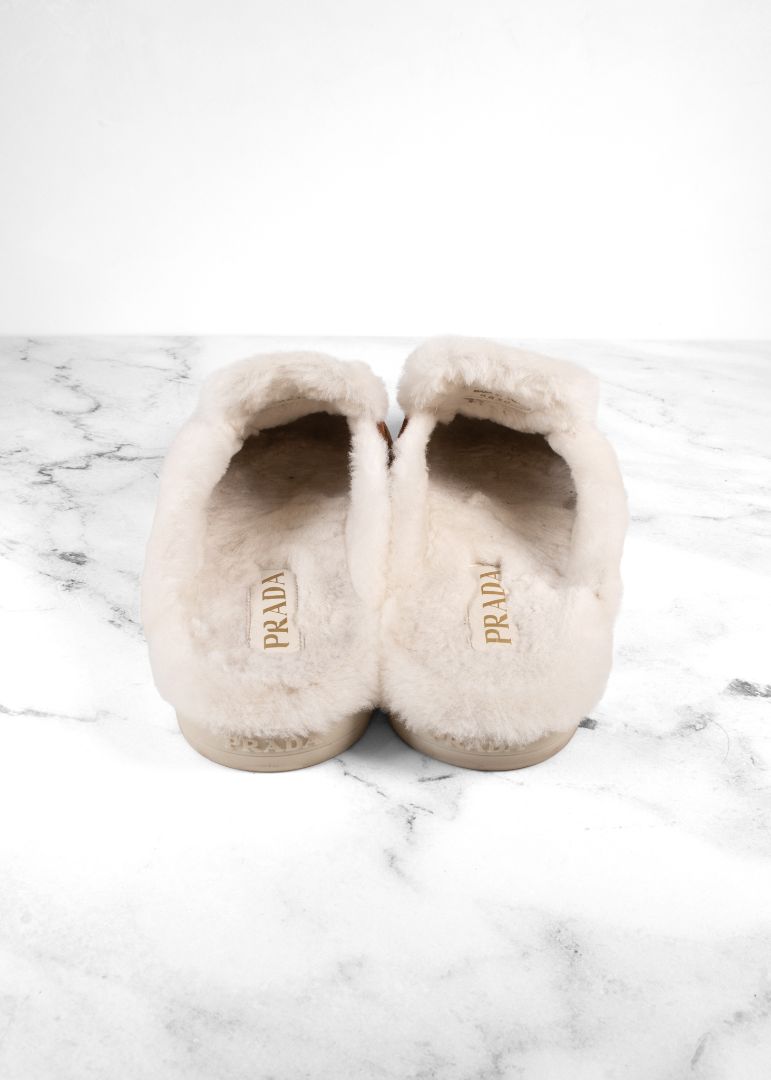 Prada Brown Suede Shearling Mules With Gold Hardware