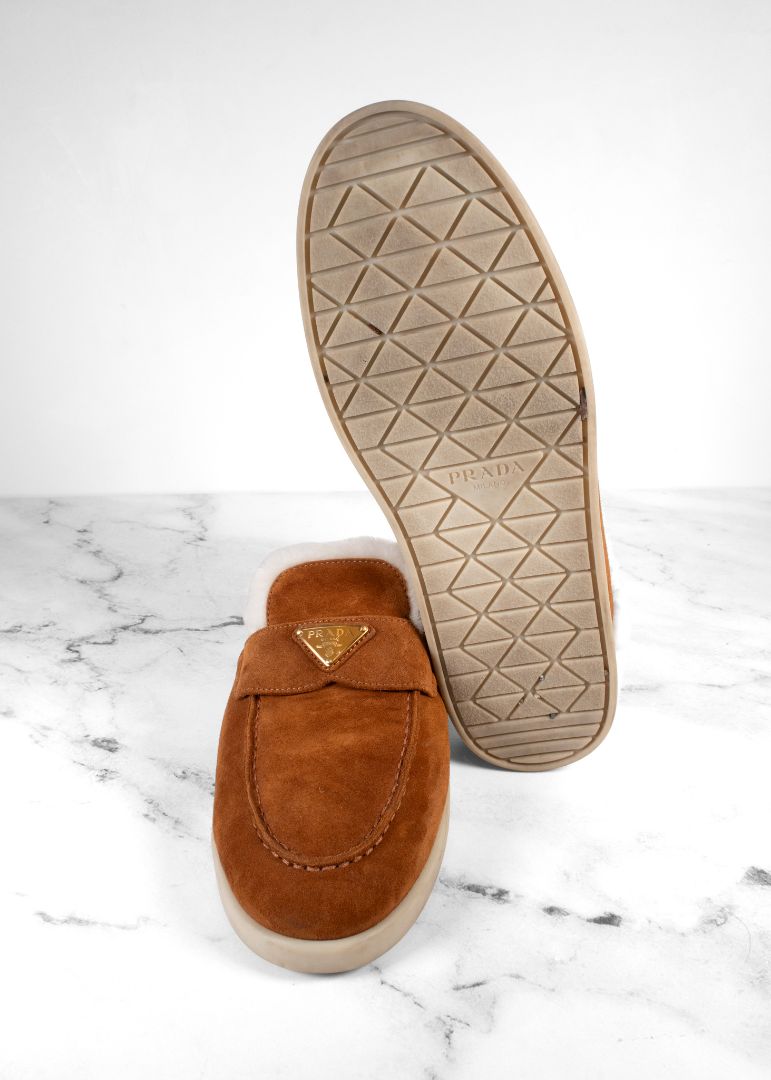 Prada Brown Suede Shearling Mules With Gold Hardware