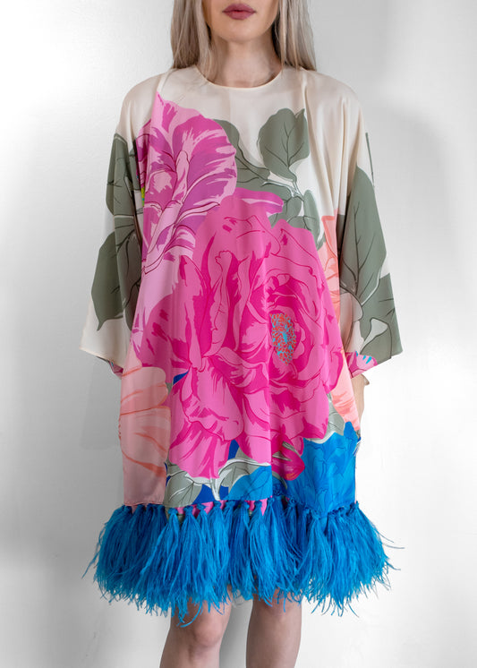 Valentino Feather-Embellished Floral-Print Silk Dress