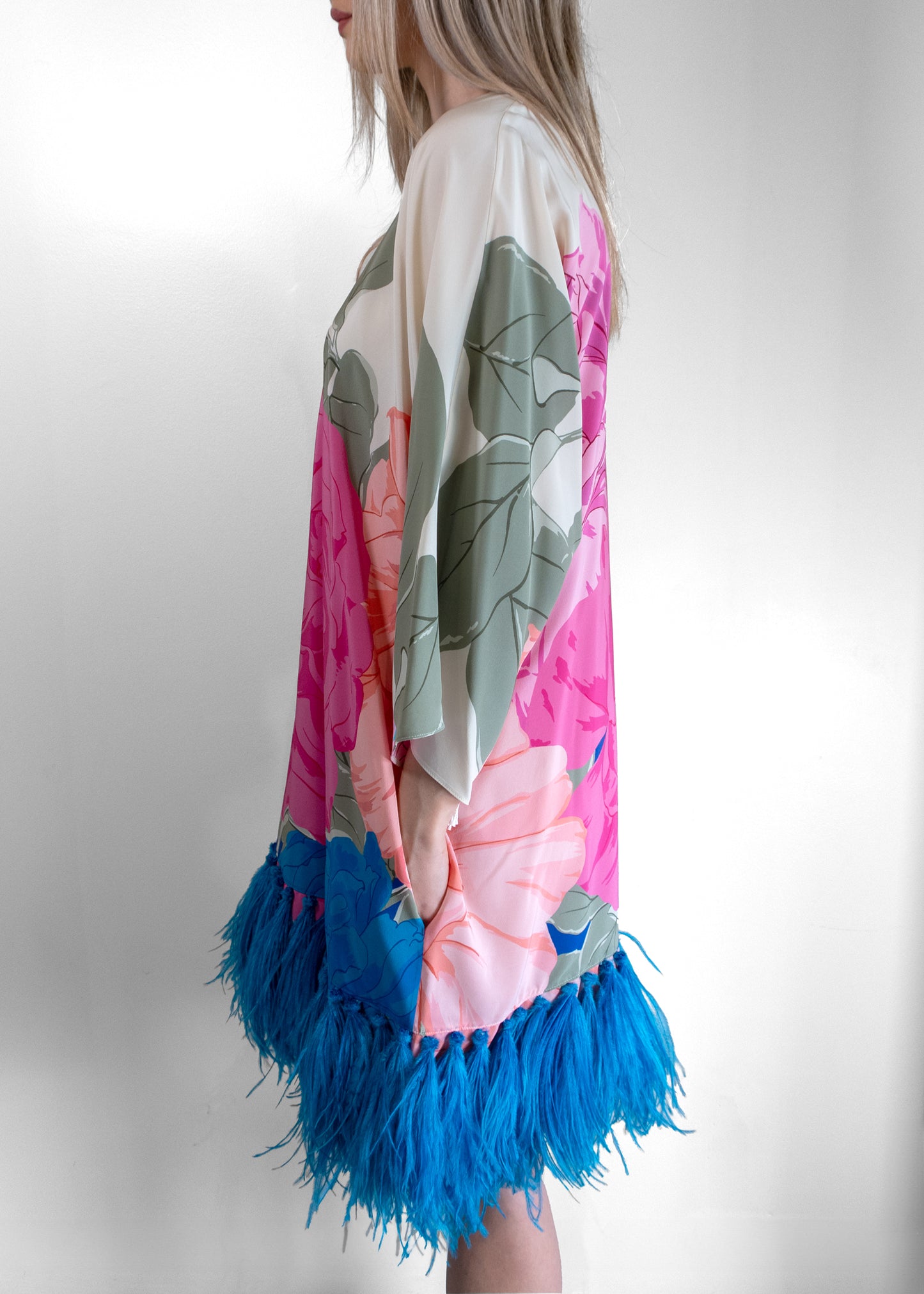 Valentino Feather-Embellished Floral-Print Silk Dress