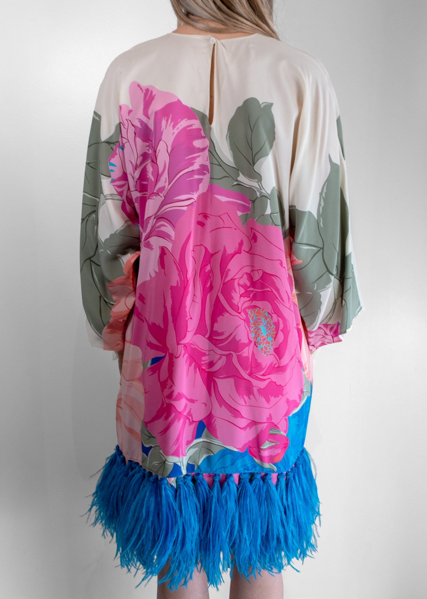 Valentino Feather-Embellished Floral-Print Silk Dress