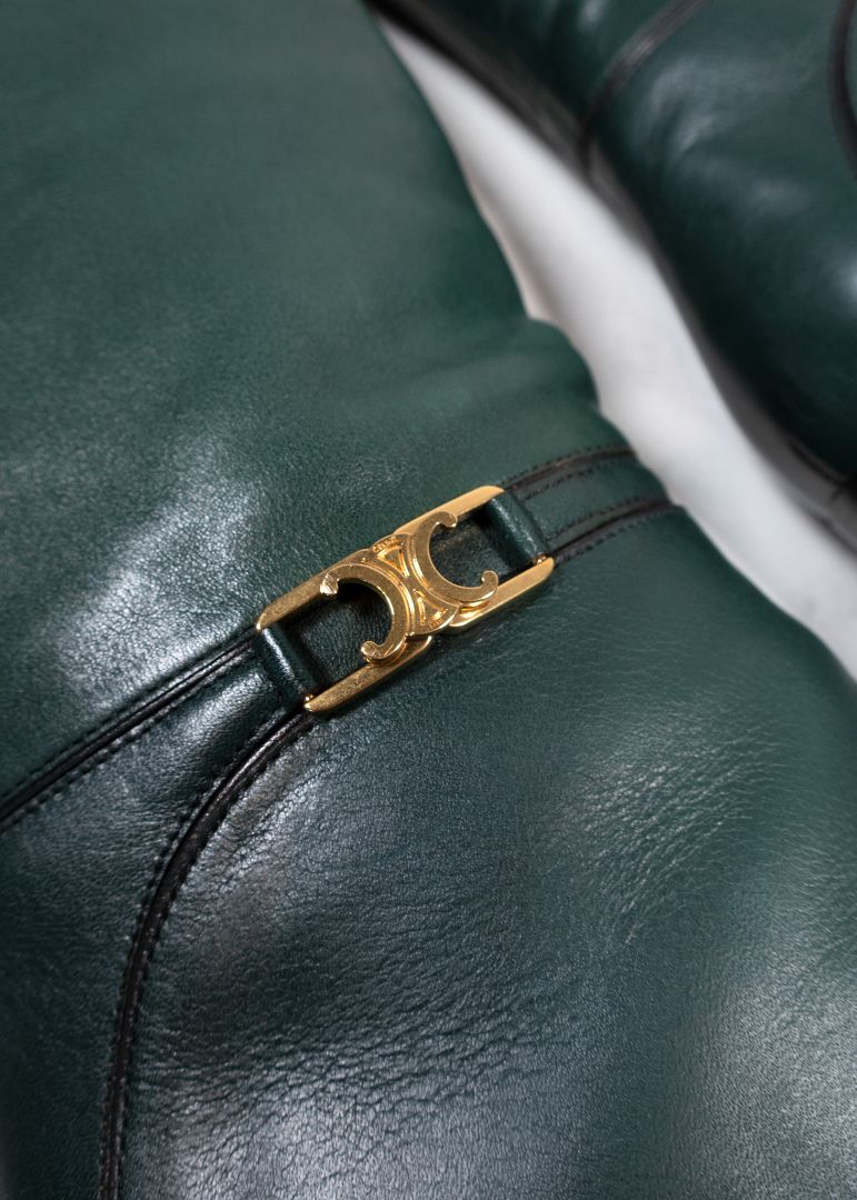 Celine Dark Green Leather Knee High Boots With Block Heel