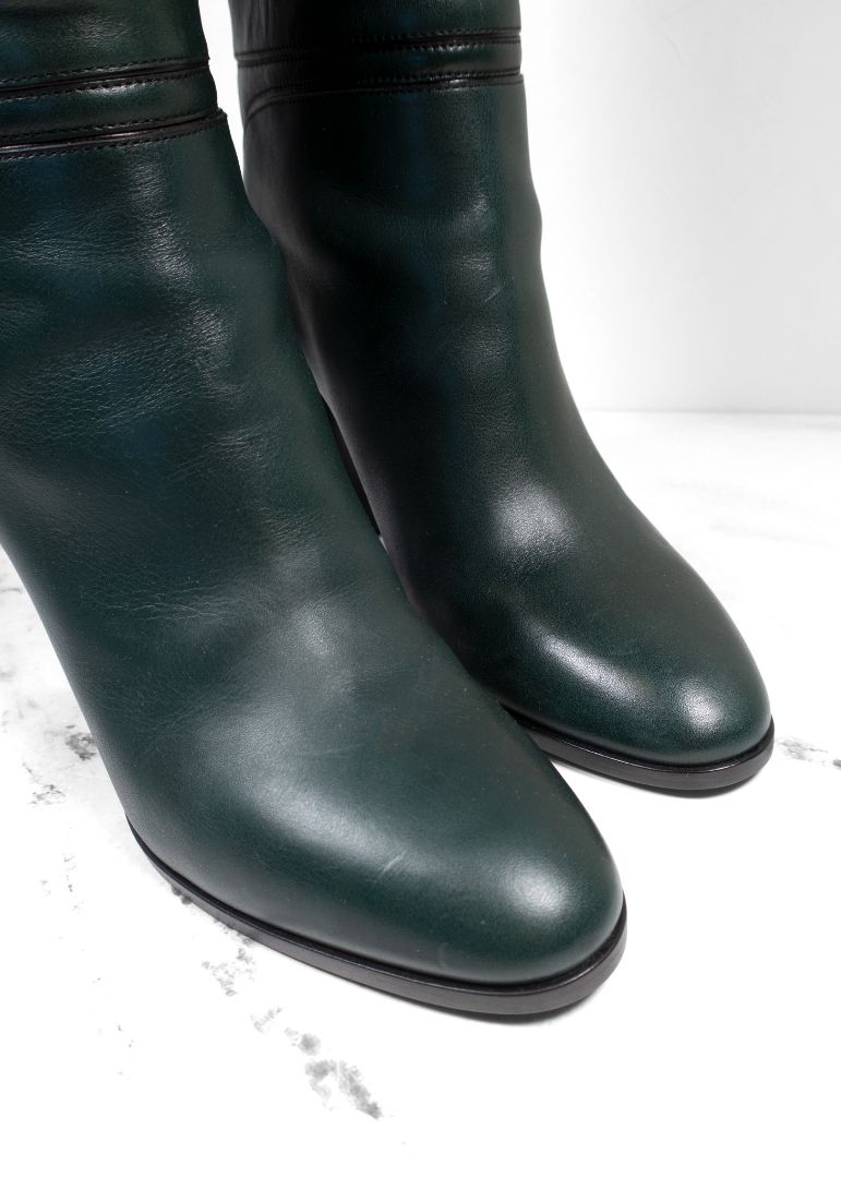 Celine Dark Green Leather Knee High Boots With Block Heel