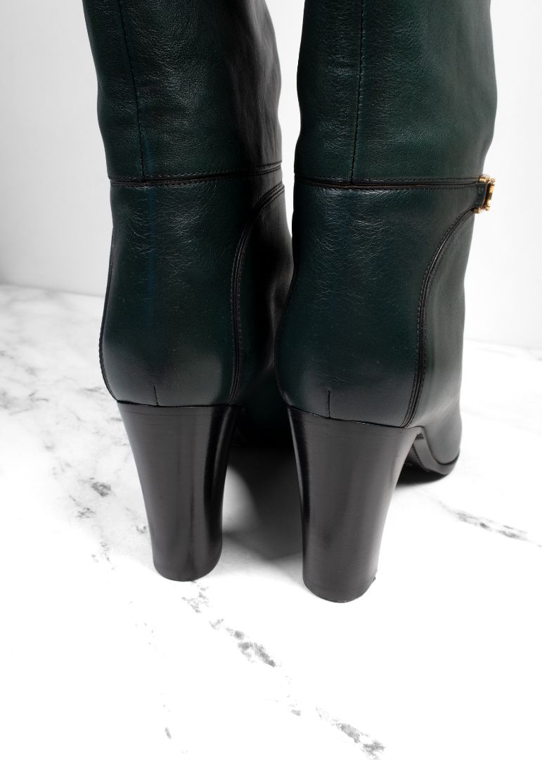 Celine Dark Green Leather Knee High Boots With Block Heel