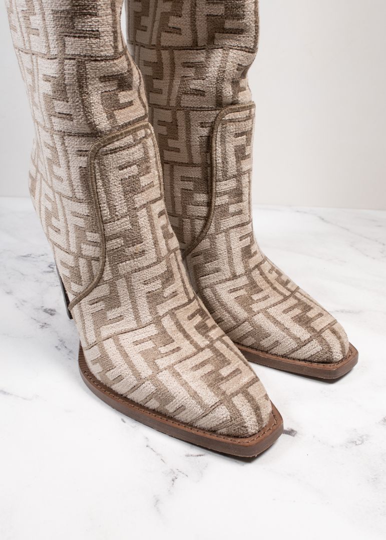 Fendi Tan Velvet FF Logo Knee High Boots