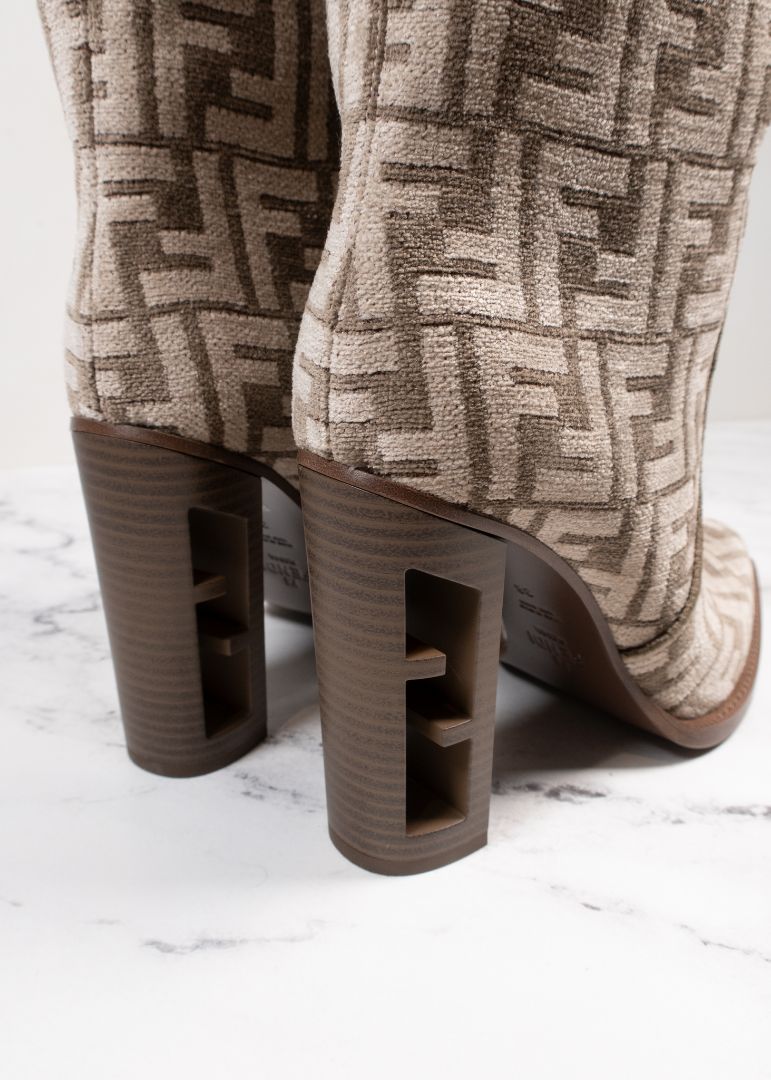Fendi Tan Velvet FF Logo Knee High Boots