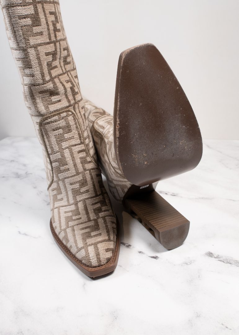 Fendi Tan Velvet FF Logo Knee High Boots