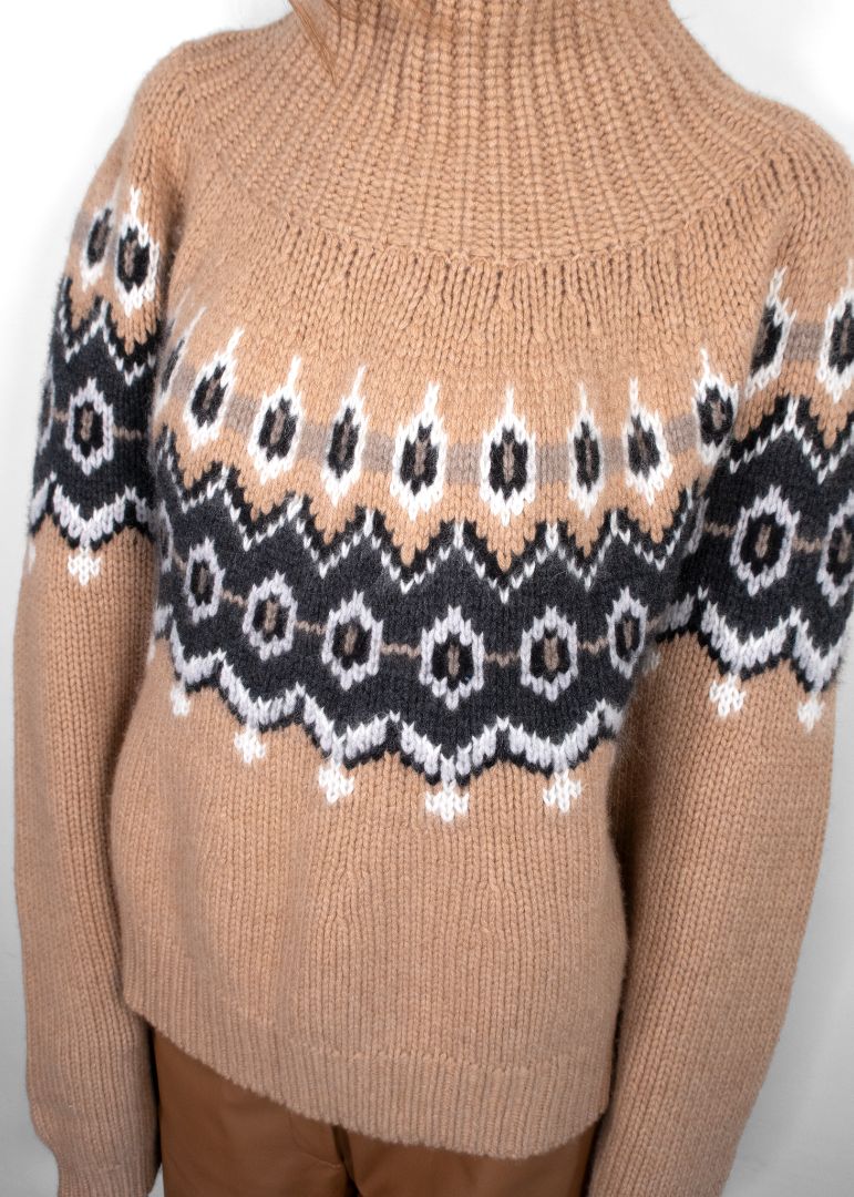 Khaite Camel Amaris Fair Isle Cashmere Blend Turtleneck Sweater