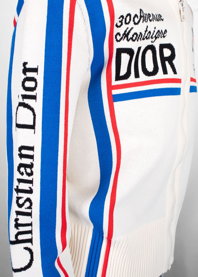 Dior Cream/Blue/Red Jacquard Knit Zip Up Jacket