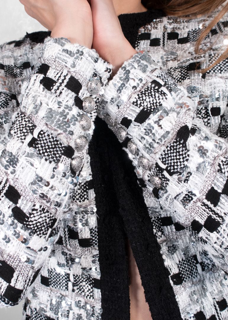 Balmain White/Black Woven Tweed Jacket With Silver Sequins
