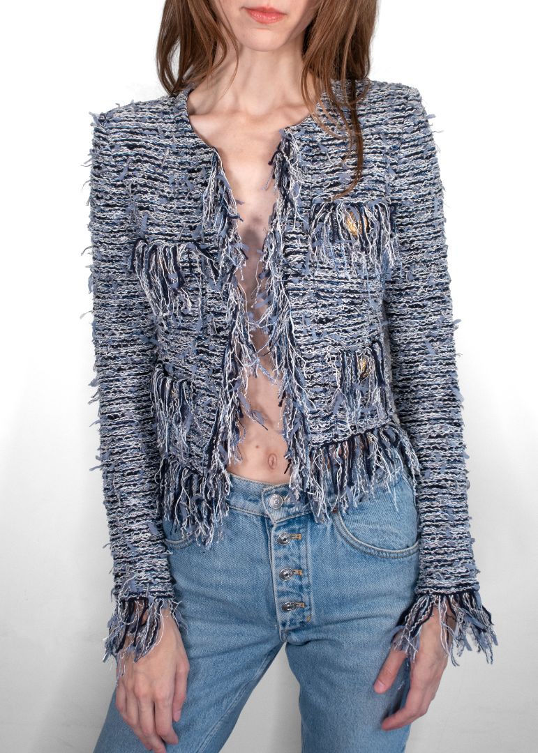 Balmain Light Blue/Navy White Fringe Knit Cropped Jacket