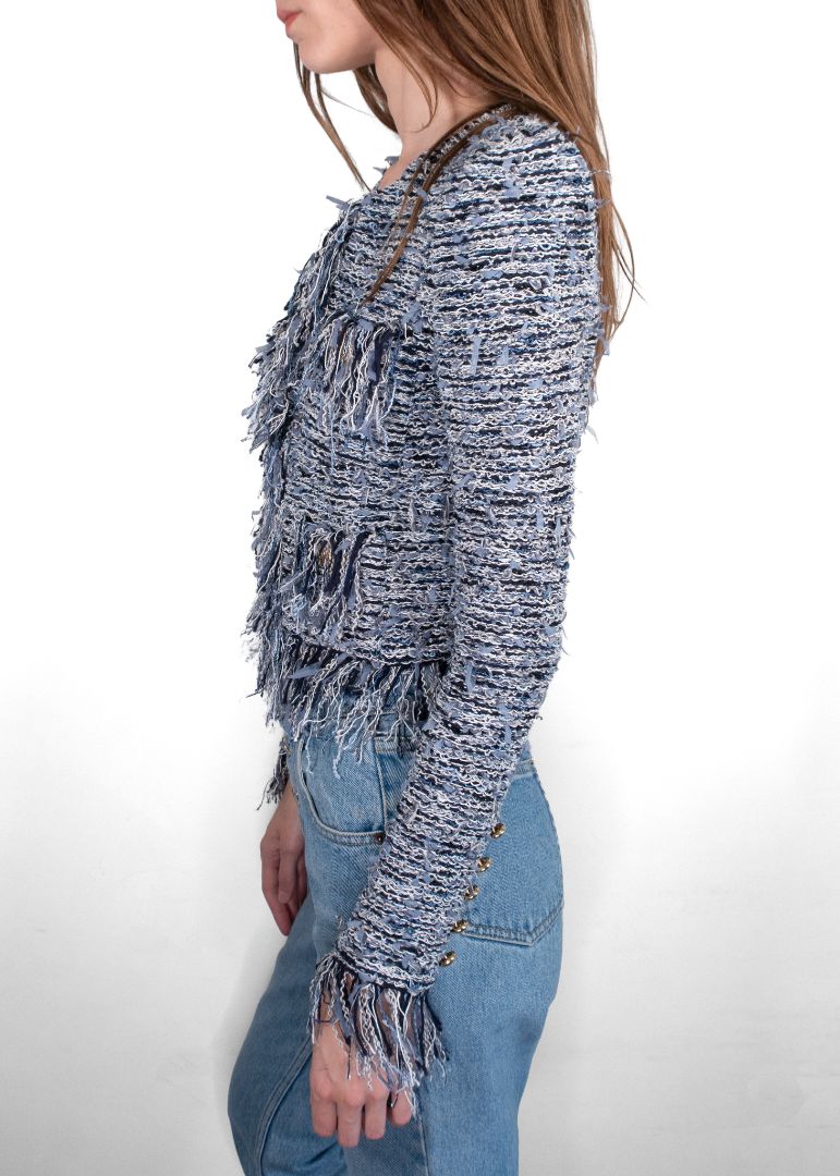 Balmain Light Blue/Navy White Fringe Knit Cropped Jacket