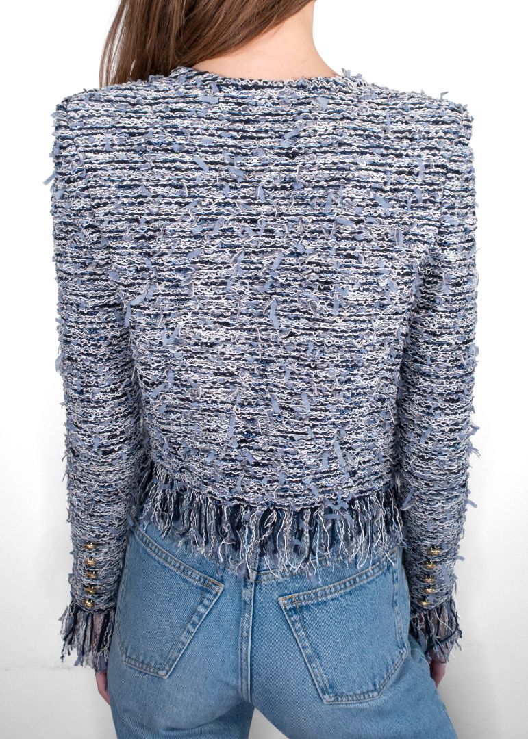 Balmain Light Blue/Navy White Fringe Knit Cropped Jacket
