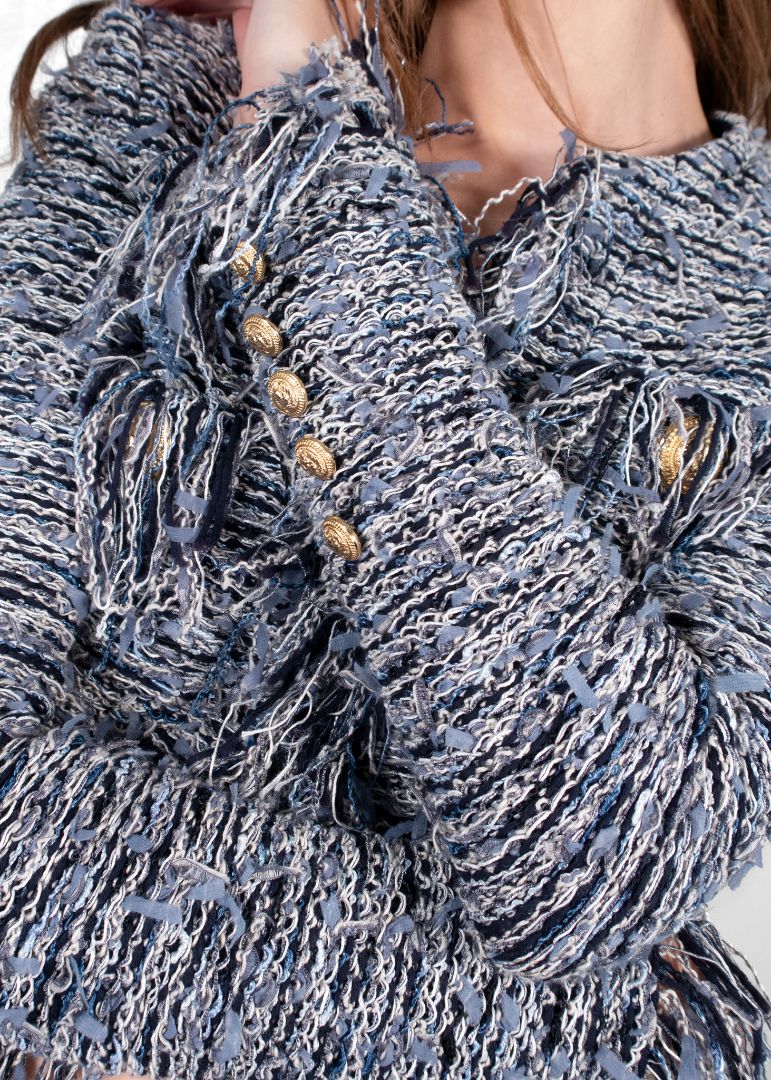 Balmain Light Blue/Navy White Fringe Knit Cropped Jacket