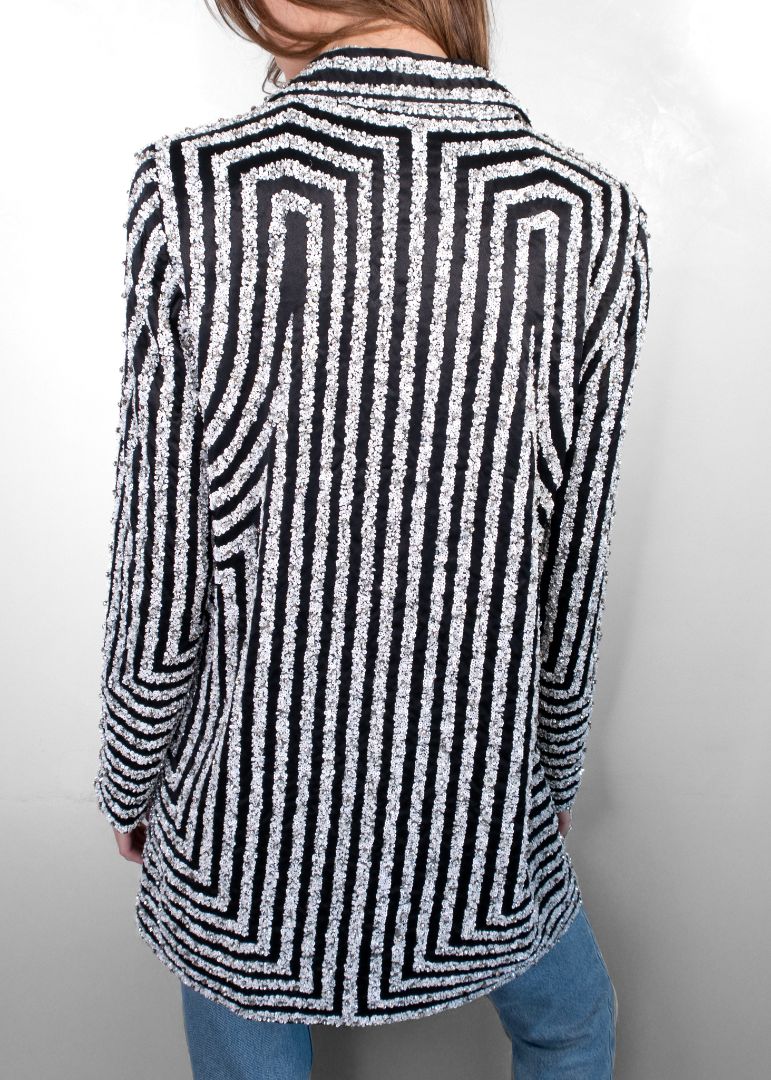 Naeem Kahn Black Satin And White Sequin Striped Blazer