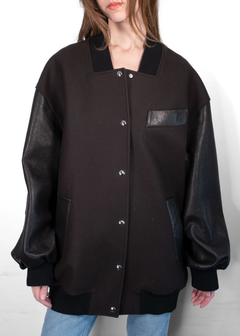 Khaite Dark Brown Leather Sleeve Oversized Varsity Jacket
