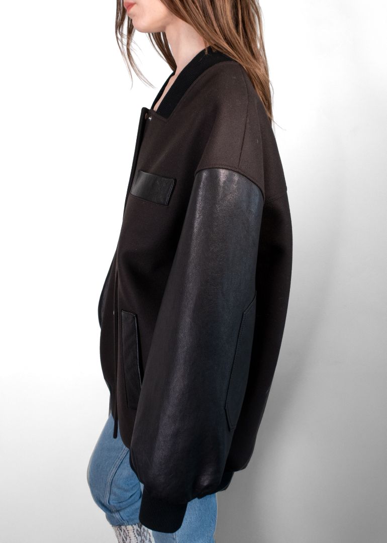 Khaite Dark Brown Leather Sleeve Oversized Varsity Jacket