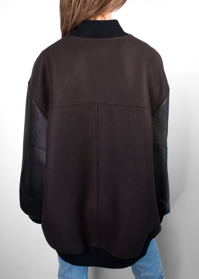 Khaite Dark Brown Leather Sleeve Oversized Varsity Jacket