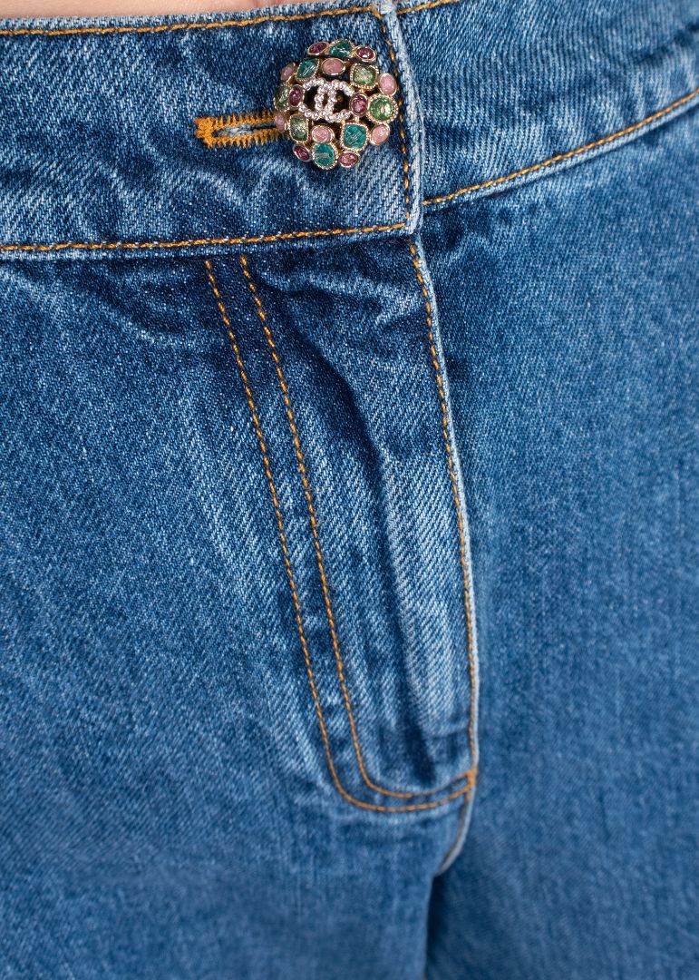 Chanel Blue Jeans With Colorful Crystal Cc Button Size 44